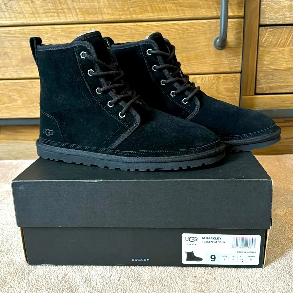 MEN’S HARKLEY UGG BOOTS SHEEPSKIN LINING - BLACK - SIZE 9 BNWT